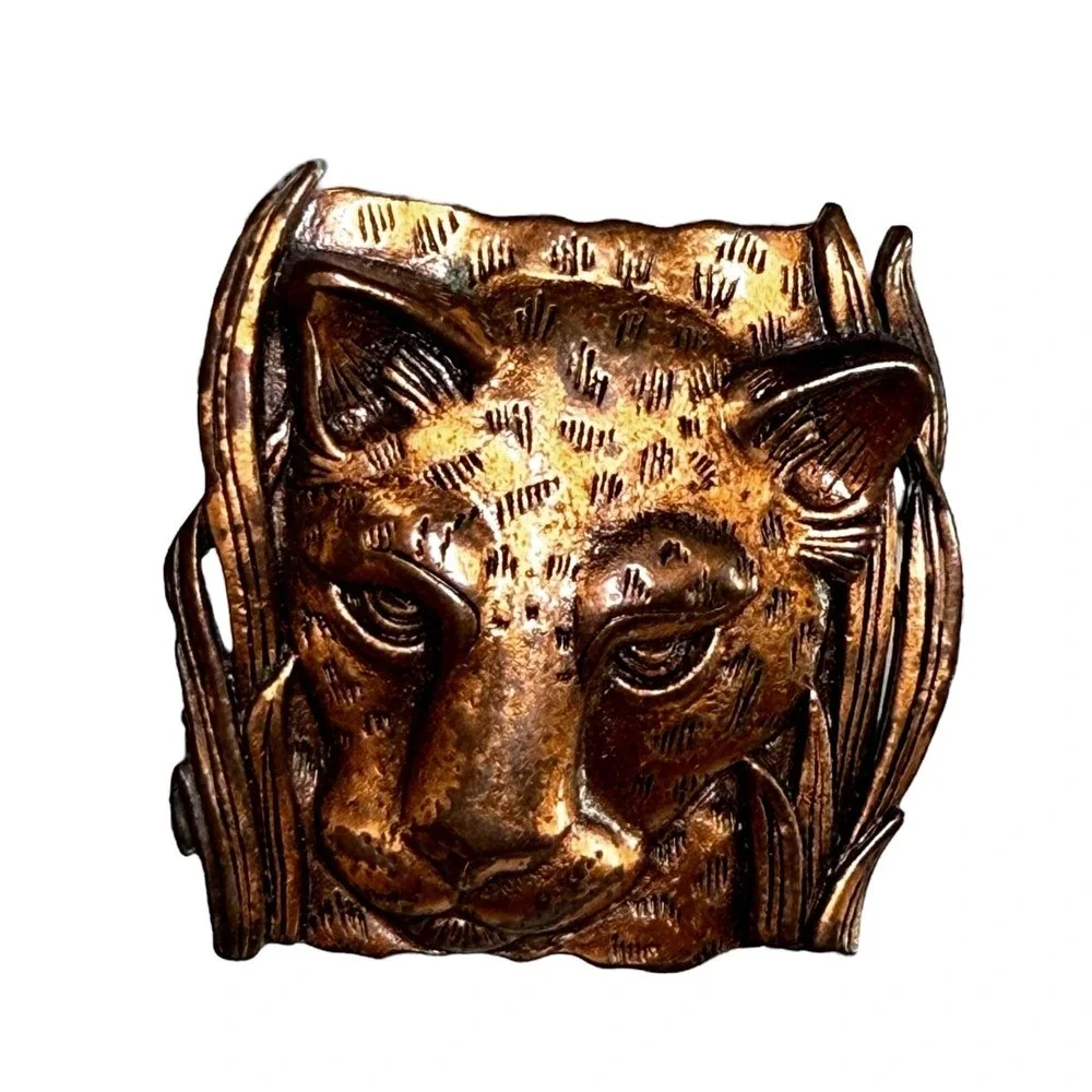 Vintage Big Cat Earrings Leopard Lion Copper Tone Statement JJ‎ Jonette 1986